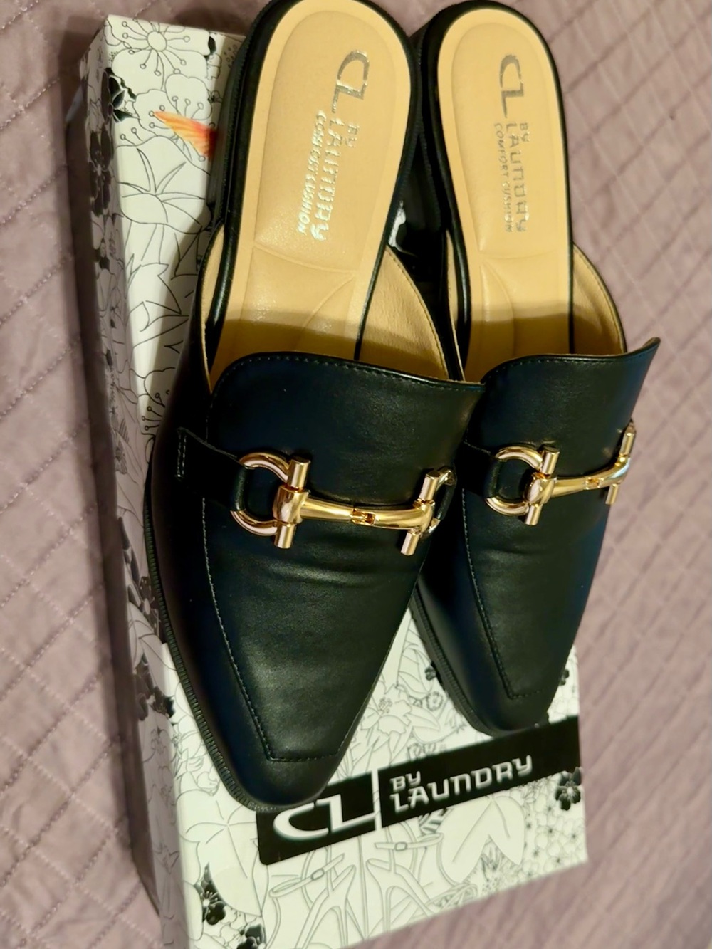 CL by Laundry Black Slip-On Mules with Gold Horsebit